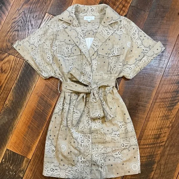 MABLE Tan Paisley Belted Shirt Dress Short Sleeve Button Front Small - Picture 2 of 6